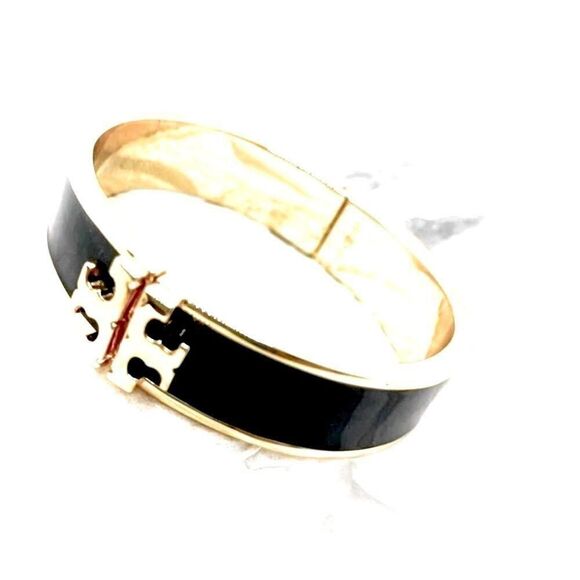 NWOT Tory Burch Kira Black Enameled Bangle Hinged Bracelet - Picture 5 of 6
